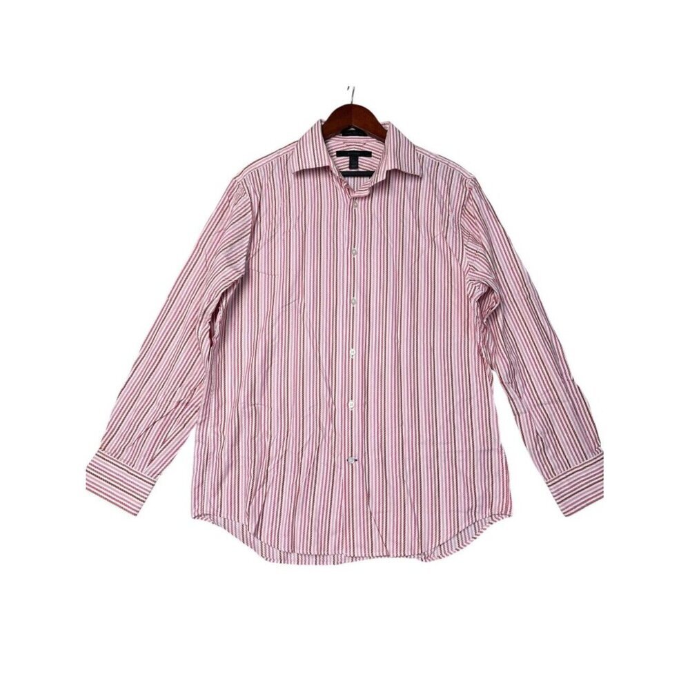Express Men's L Red & White Striped Classic Fit Button-Down Shirt Cotton i2055